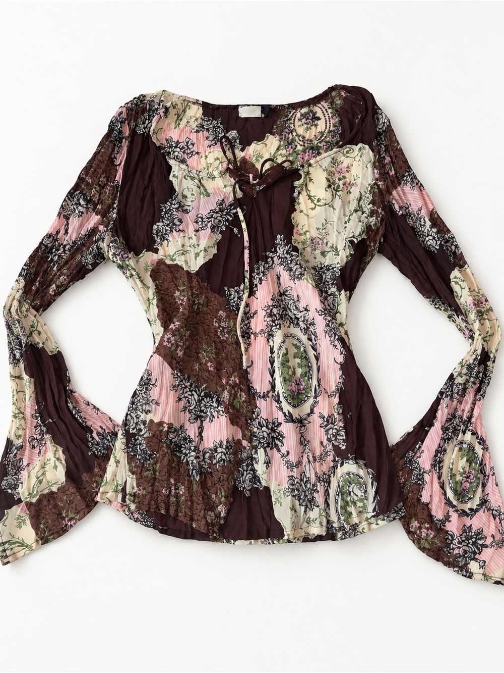 Vintage Dynamite Y2K Floral Lace-Up Bell Sleeve Top